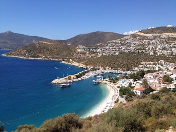 High angle view of bay against clear blue sky