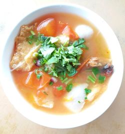 High angle view of soup in bowl on table