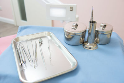 High angle view of drinking glasses on table