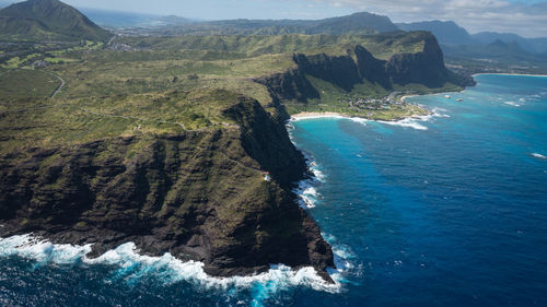 High angle view of sea and mountains