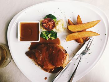High angle view of breakfast served on table