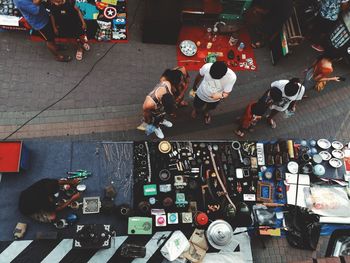 High angle view of people working on street