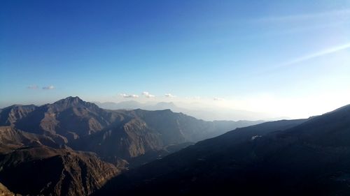 Scenic view of mountains against clear blue sky