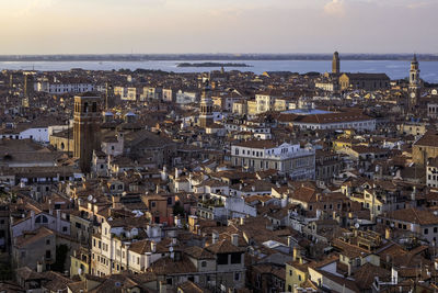 Aerial panoramic view of venice and the lagoon from campanile di san marco in saint mark square