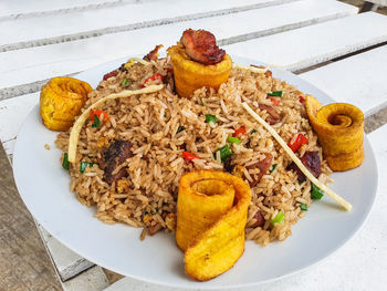 Close-up of food served in plate on table