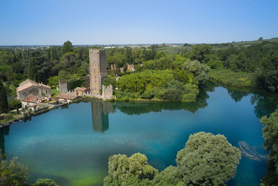Aerial view of the gardens of ninfa in the country of cisterna di latina