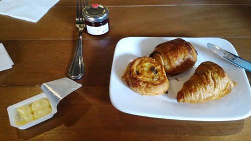 Close-up high angle view croissants on table