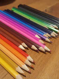 High angle view of colored pencils on table