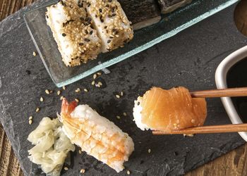High angle view of food on table