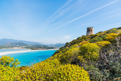 Scenic view of sea and mountains against blue sky