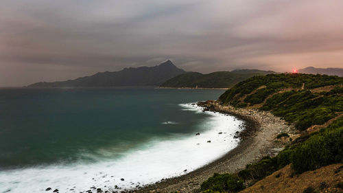 Scenic view of bay against sky