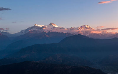 Scenic view of mountains against sky during sunset