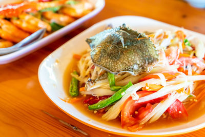 High angle view of meal served on table