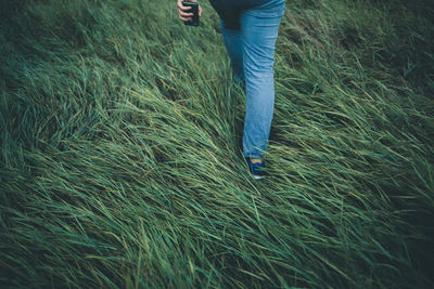 Low section of man standing on grass