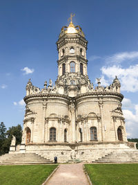 Low angle view of historic building church in podolsk city russia against sky