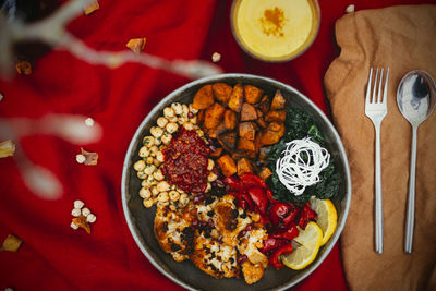 High angle view of breakfast served on table