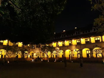 People on illuminated street by buildings at night