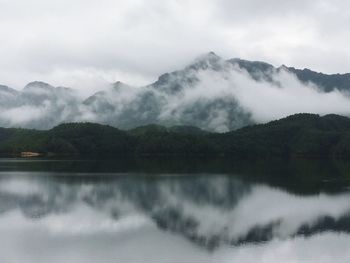 Scenic view of lake and mountains against sky