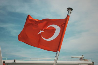 Low angle view of flag against sky