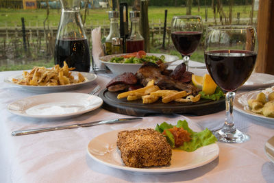 Close-up of served food on table