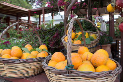 Close-up of fruits in basket at market stall