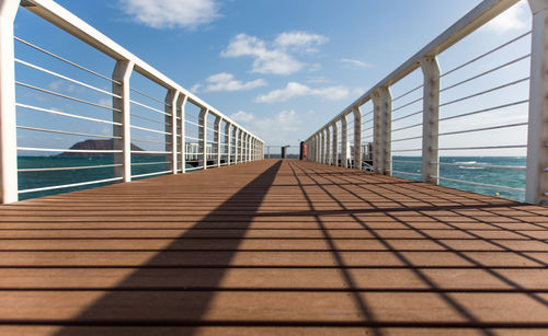 Surface level of bridge over sea against sky