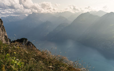 Scenic view of mountains and lake against sky