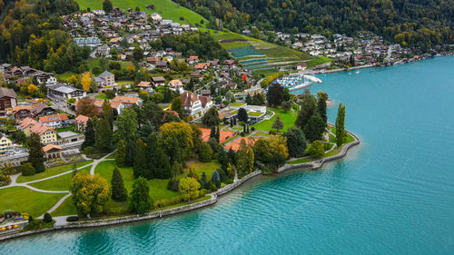 High angle view of swimming pool by trees and buildings