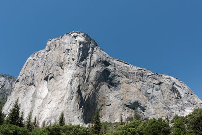 Low angle view of rock formation against clear blue sky