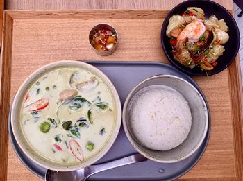 Directly above shot of soup served on table