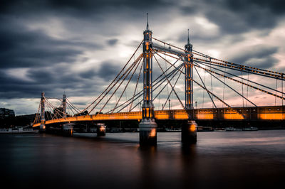 View of suspension bridge against cloudy sky