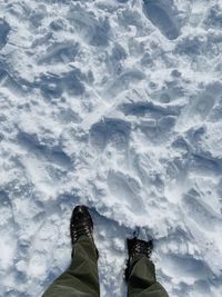 Low section of person standing on snowcapped mountain