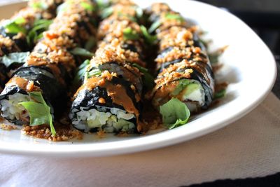 High angle view of sushi in plate