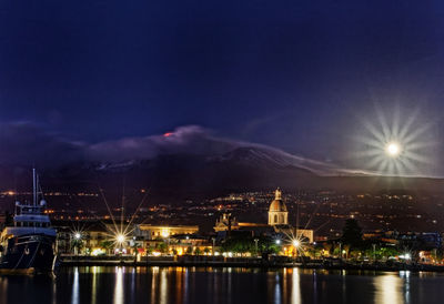 Moon setting with the night landscape of etna and the city of di riposto