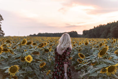 Rear view of woman standing on field against sky