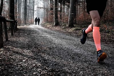 Low section of people on road in forest