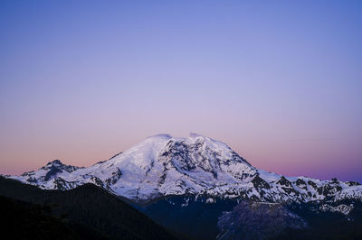 Scenic view of snowcapped mountains against clear sky during sunset