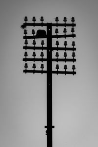 Low angle view of birds perching on metal against sky