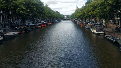 Sailboats moored in river against sky