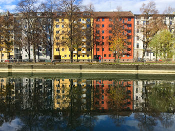 Reflection of building in puddle on lake