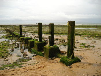 Wooden posts on beach against sky