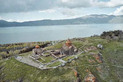 Aerial view of historical building on hill