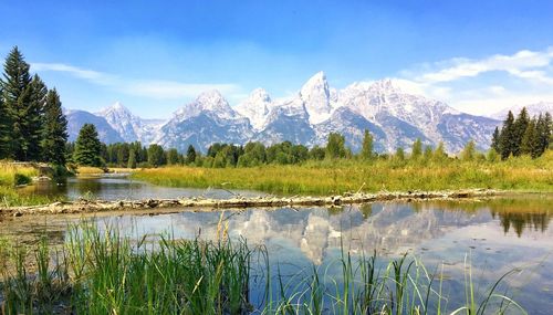 Scenic view of lake by mountains against sky