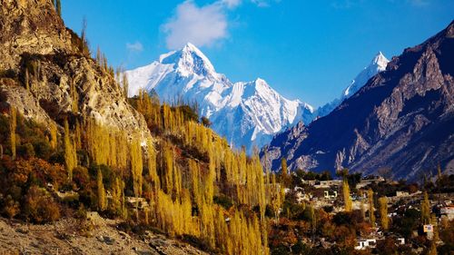Panoramic view of snowcapped mountains against sky