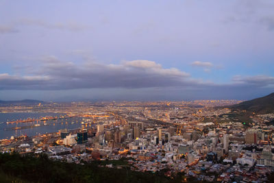 High angle shot of townscape against sky