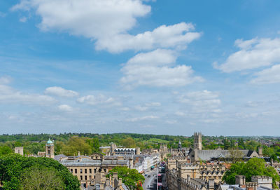 High angle view of buildings against sky