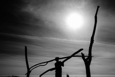 Silhouette man by bare tree against sky