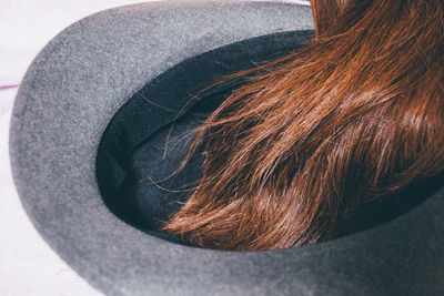 Close-up of brown hair on hat