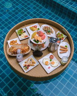 High angle view of food in plate on table