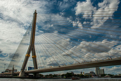 Low angle view of suspension bridge against cloudy sky